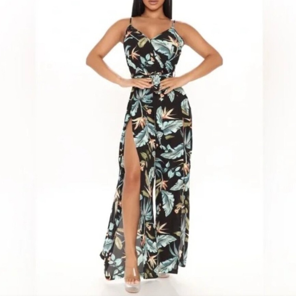 Haute Monde Black and Green Tropical Jumpsuit